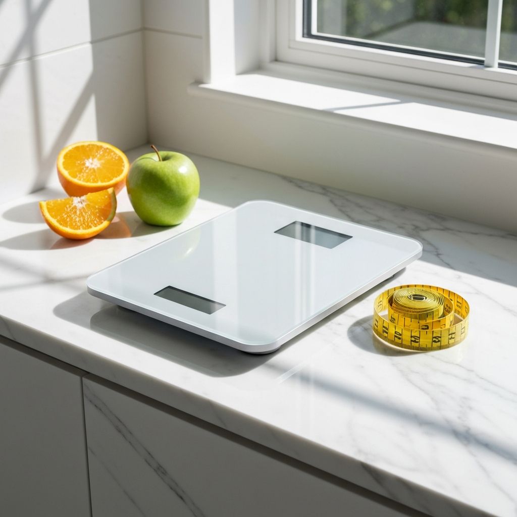 Balança, fita métrica e frutas - símbolos de emagrecimento saudável